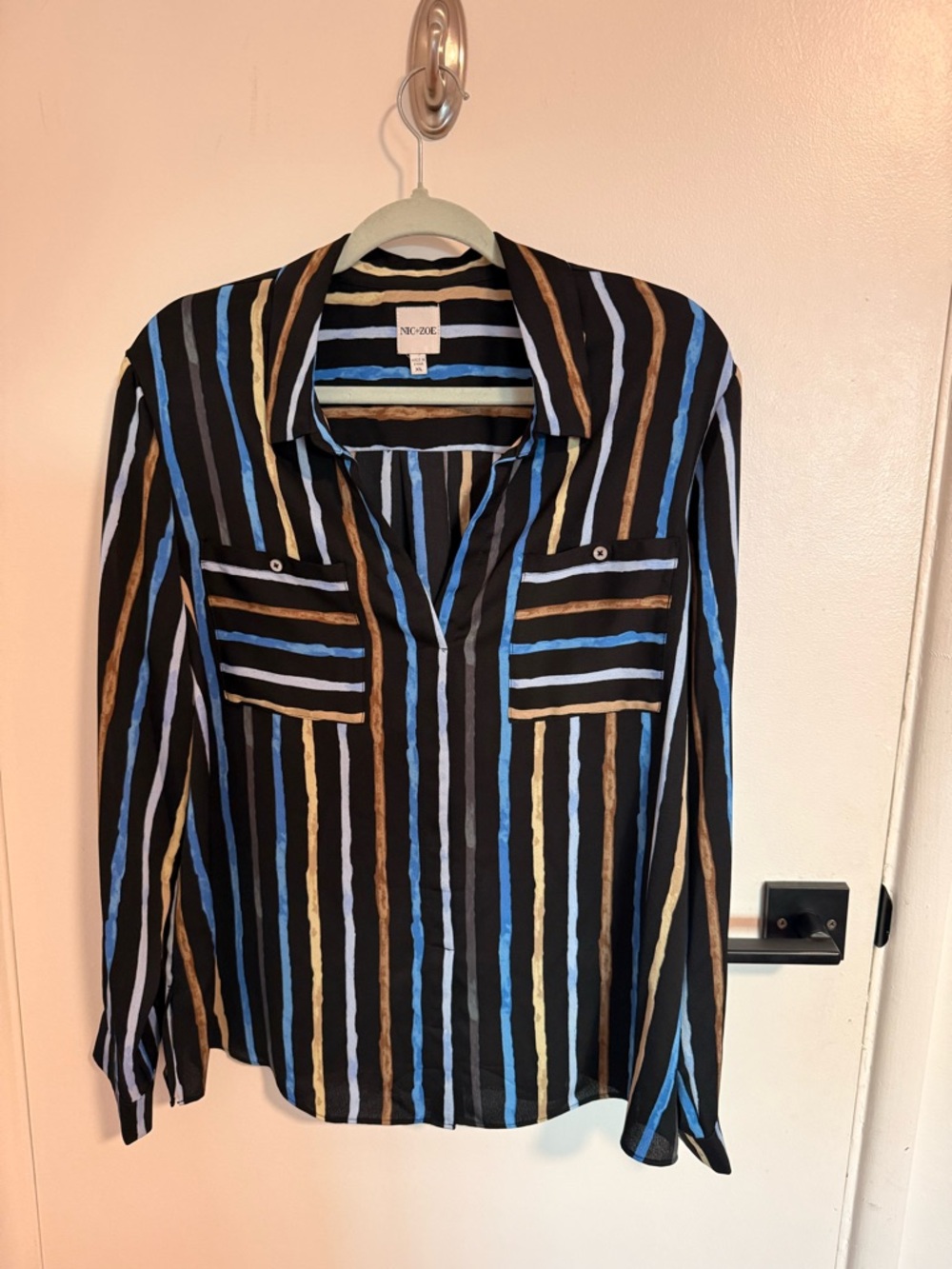 NIC+ZOE Black Blouse with Blue and Gold Stripes